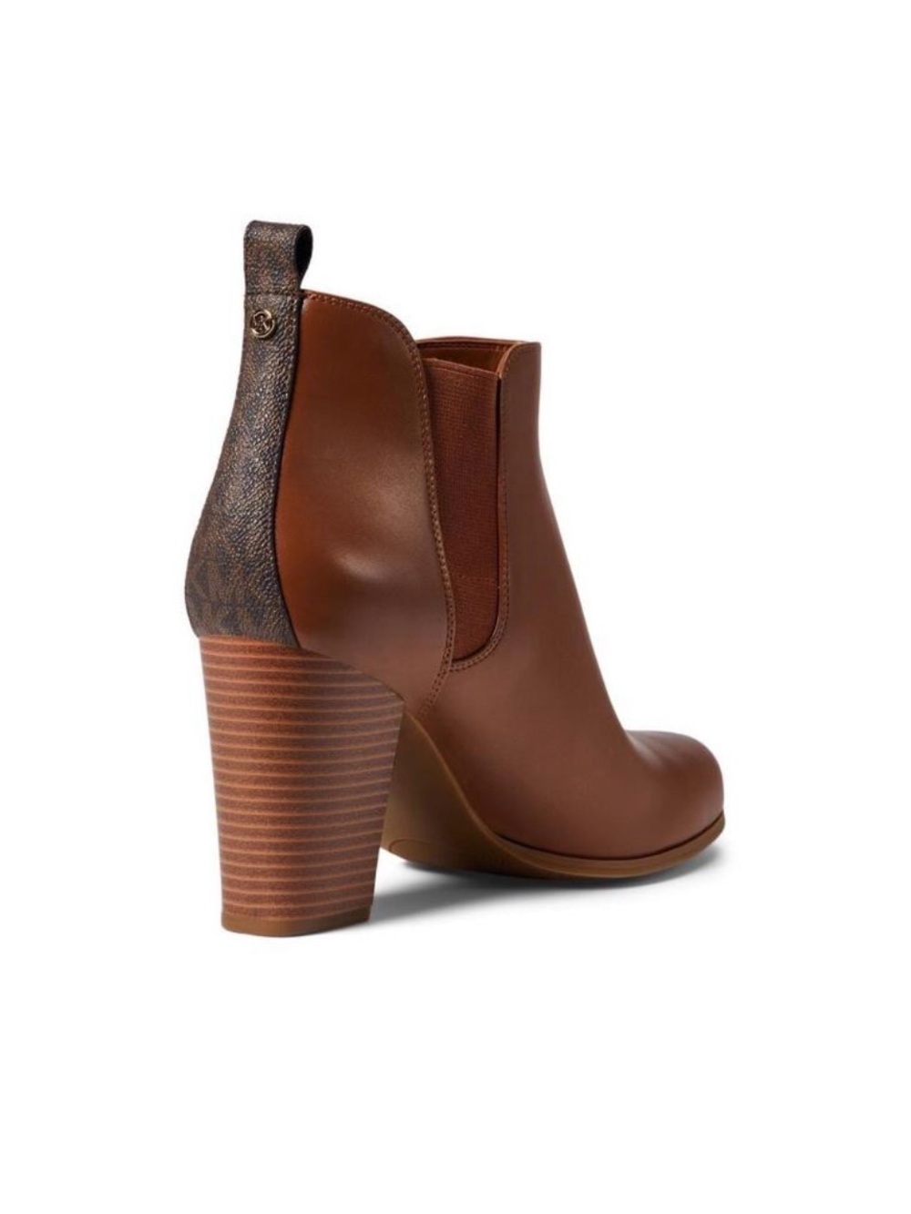 Michael Kors Cognac Leather Stacked Heel Chelsea Bootie with Logo Pull